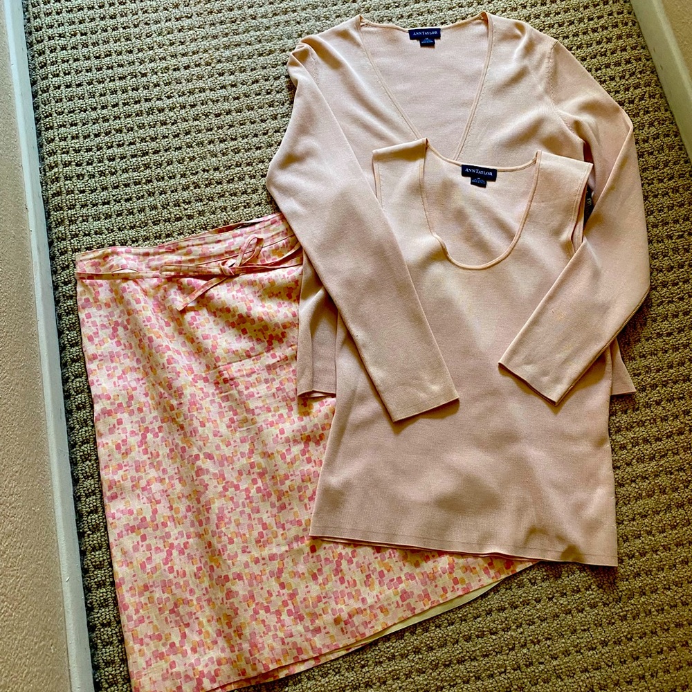 Pink cardigan and skirt to match